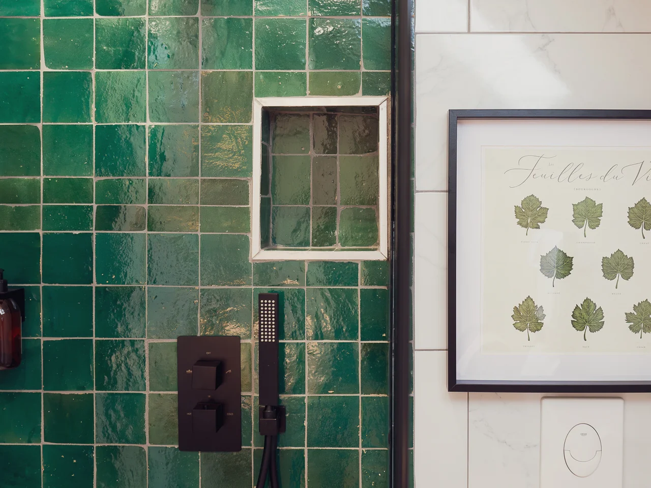 Emerald zellige shower with matte black fixtures